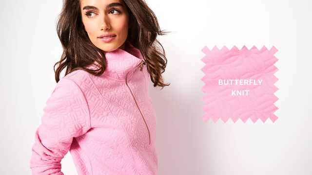 Model in pink sweatshirt and close up shot of fabric